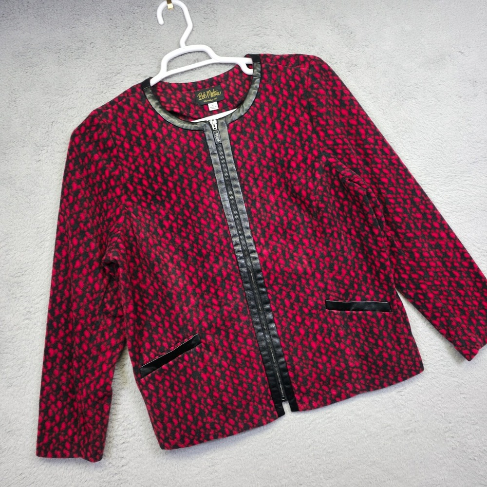 Bob Mackie‎ Jacket Women L Red Black Animal Print Faux Leather Trim Retro Preppy